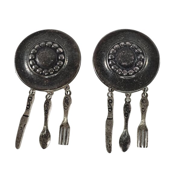 Jewelry - Vintage Clip On Earrings With Dangling Utensils Fork Spoo Knife Charms